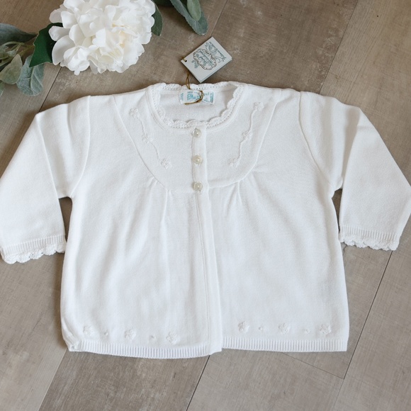 Girls White Cardigan 100% Cotton Feltman Brothers Embroidery Pearl NWT